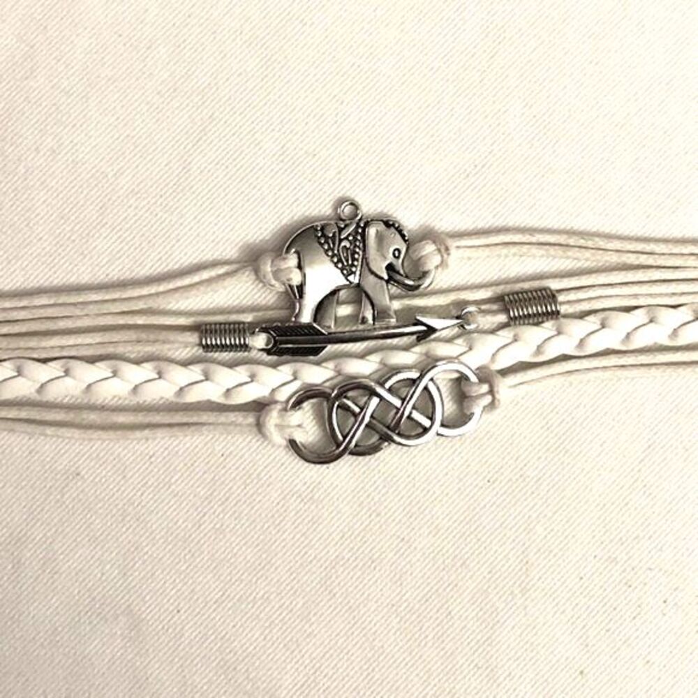 BOHO Elephant White Braided PU Leather Wrap Bracelet